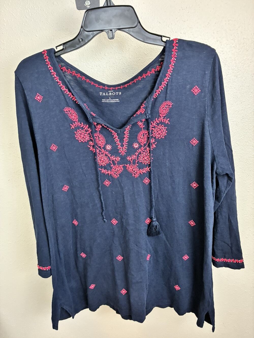 Women's Talbots Navy Blue Embroidered Tassel Tie 3/4 Sleeve Size Large